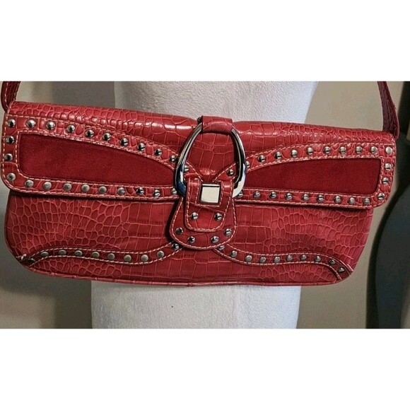 Nine West Handbags - Nine West Vintage Red Faux Crocodile Shoulder Bag Studded Y2K Punk Grunge Purse